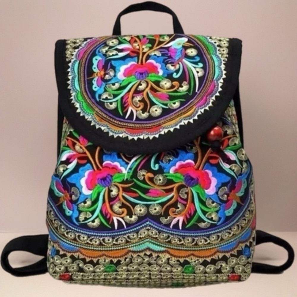 Embroidered Backpack Colorful Small Floral Boho Hippie Chic Granola Festival